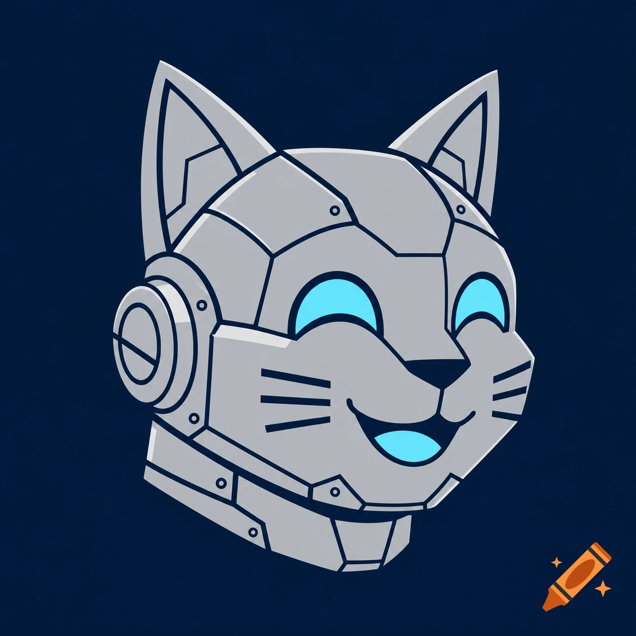 A flat 2D vector logo of a gray robot cat head with glowing light blue eyes and a happy smile against a dark blue background.