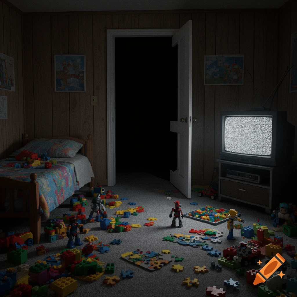 Dark, nostalgic 90s kid's bedroom with scattered colorful toys, a static tube TV, and a door leading to a void, in a weirdcore style.