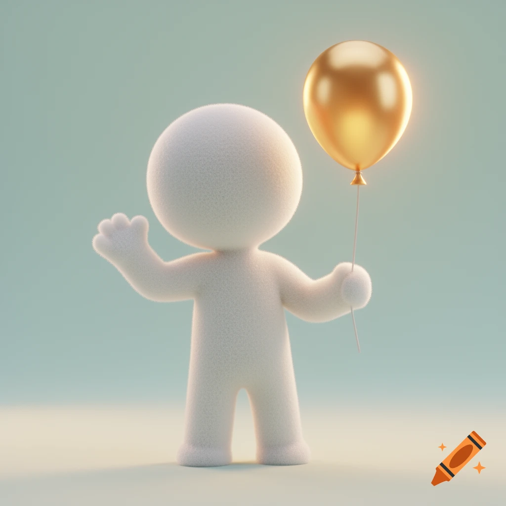 A cute, fluffy white minimalist 3D figure waves hello while holding a shiny golden balloon against a pastel background.