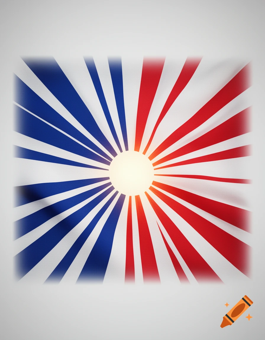 A stylized flag with a glowing central sun. Blue rays on the left and red rays on the right against a white background.
