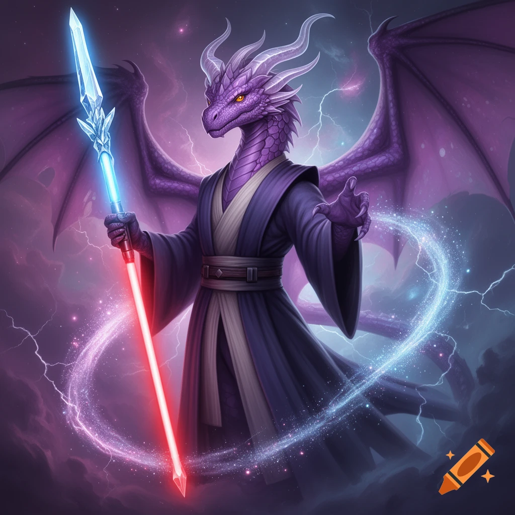 A purple anthropomorphic dragon in a Jedi robe holds a lightsaber staff amid swirling magic and lightning.