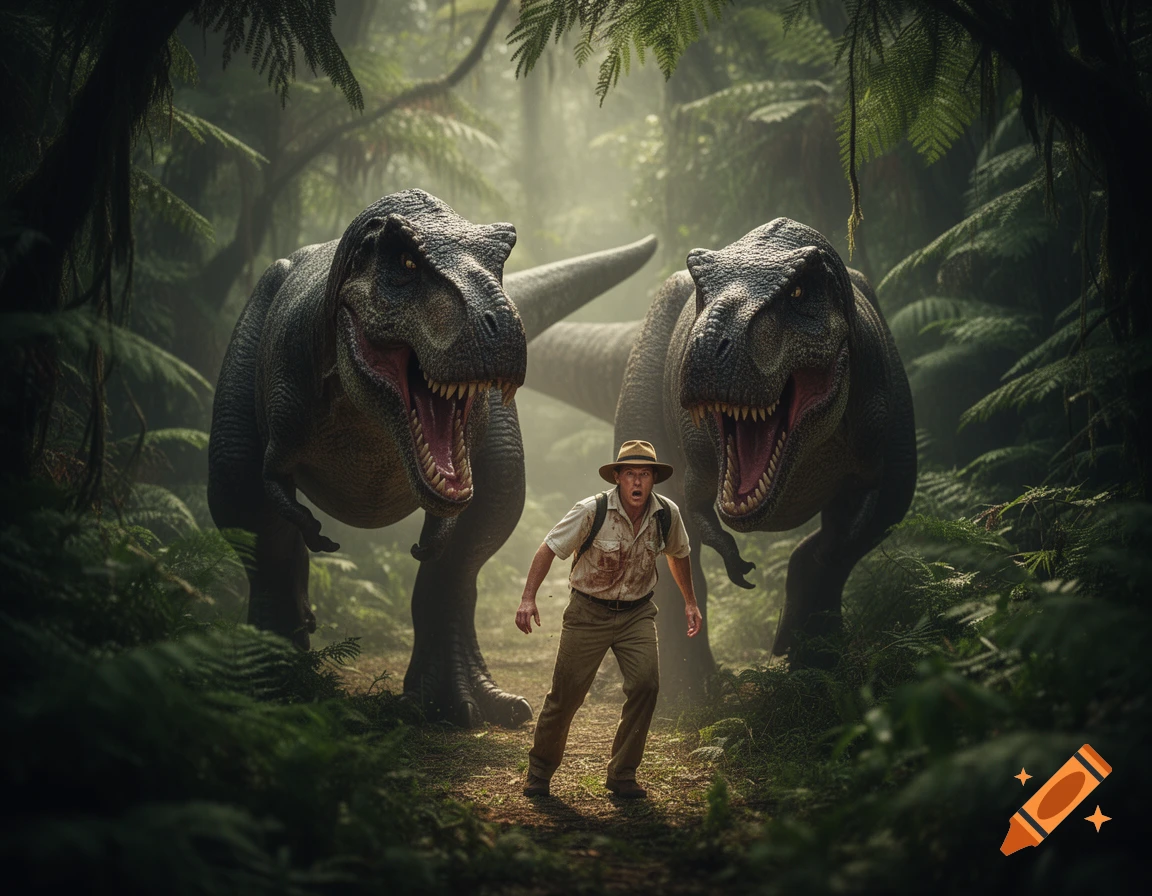 A man in a hat runs in terror through a misty jungle, pursued by two fierce T-Rex dinosaurs.