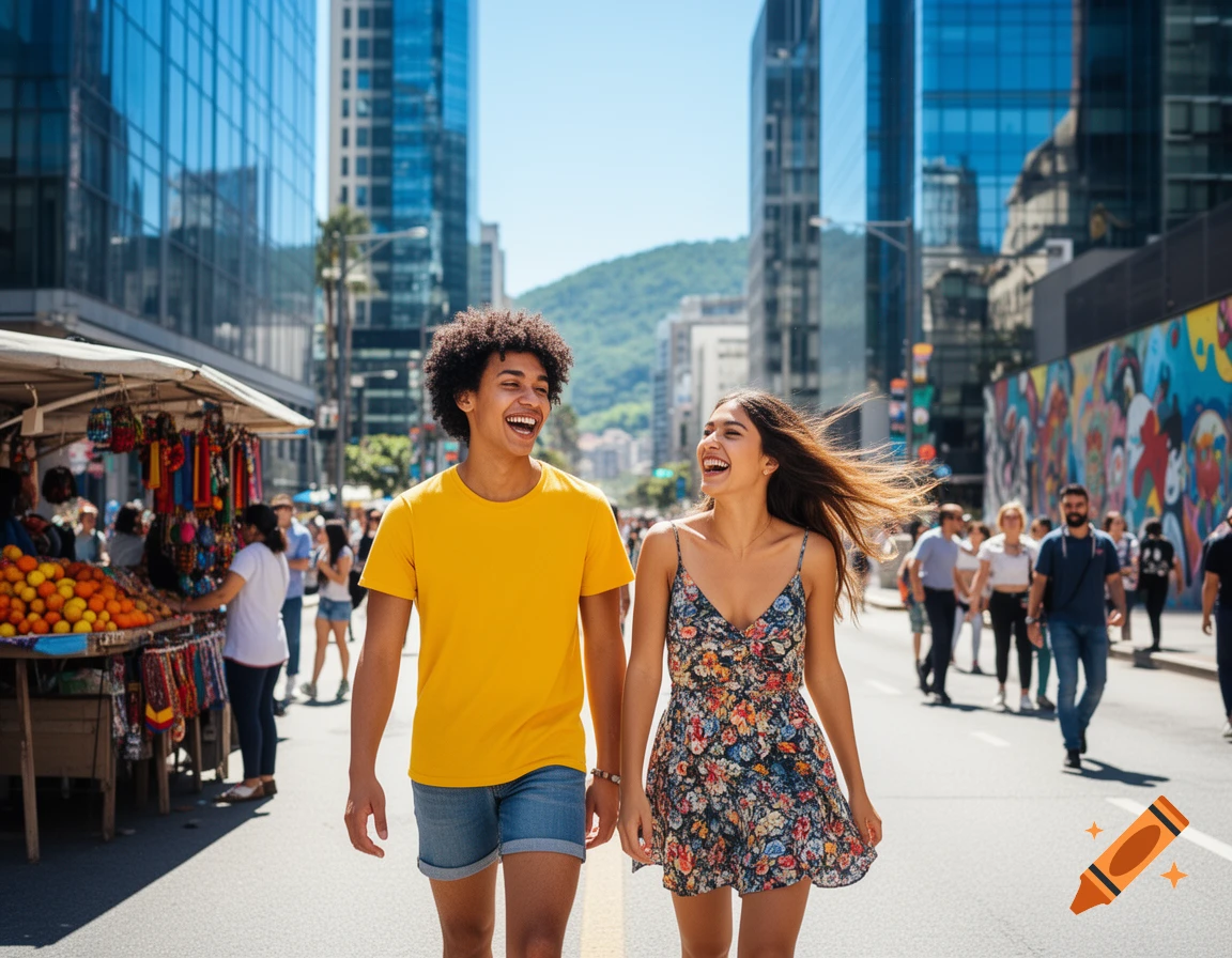 A smiling young couple walks hand-in-hand down a sunny city street lined with market stalls and tall buildings.