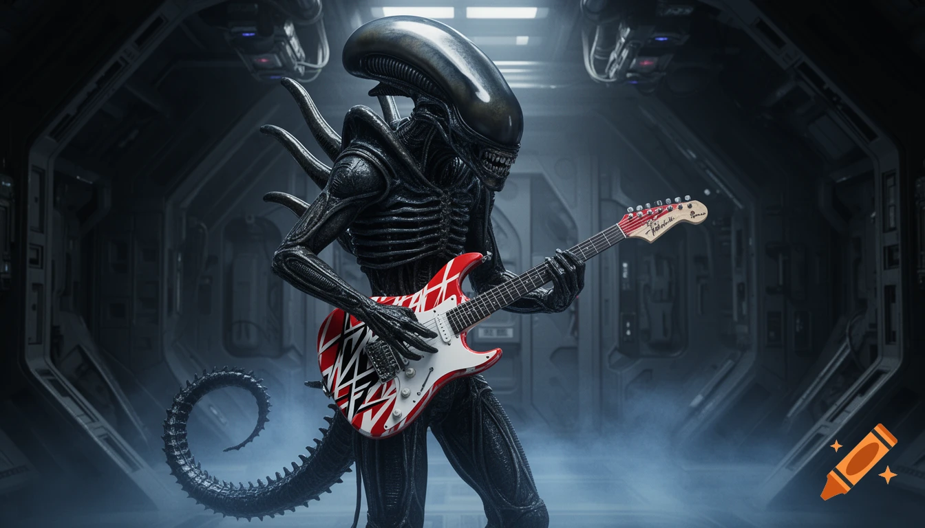 A photorealistic Xenomorph playing a red and white striped electric guitar in a smoky spaceship corridor.
