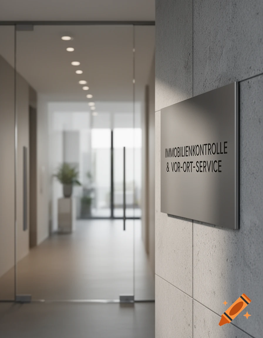 Photorealistic image of a modern office corridor with a sign reading 'Immobilienkontrolle & Vor-Ort-Service' on a concrete wall.