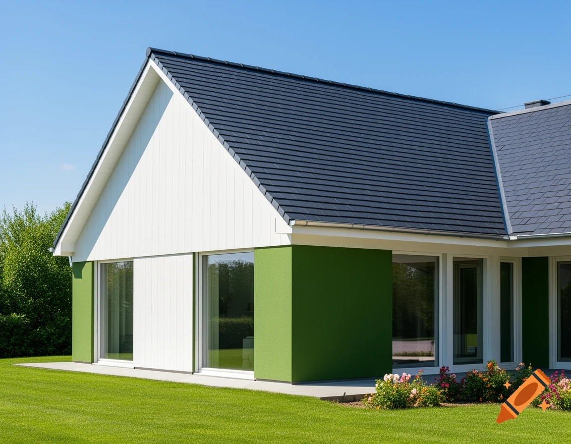 A modern house with a steep dark gray A-line roof, white gable siding, and green walls, set against a bright blue sky with a green lawn and colorful flowers.