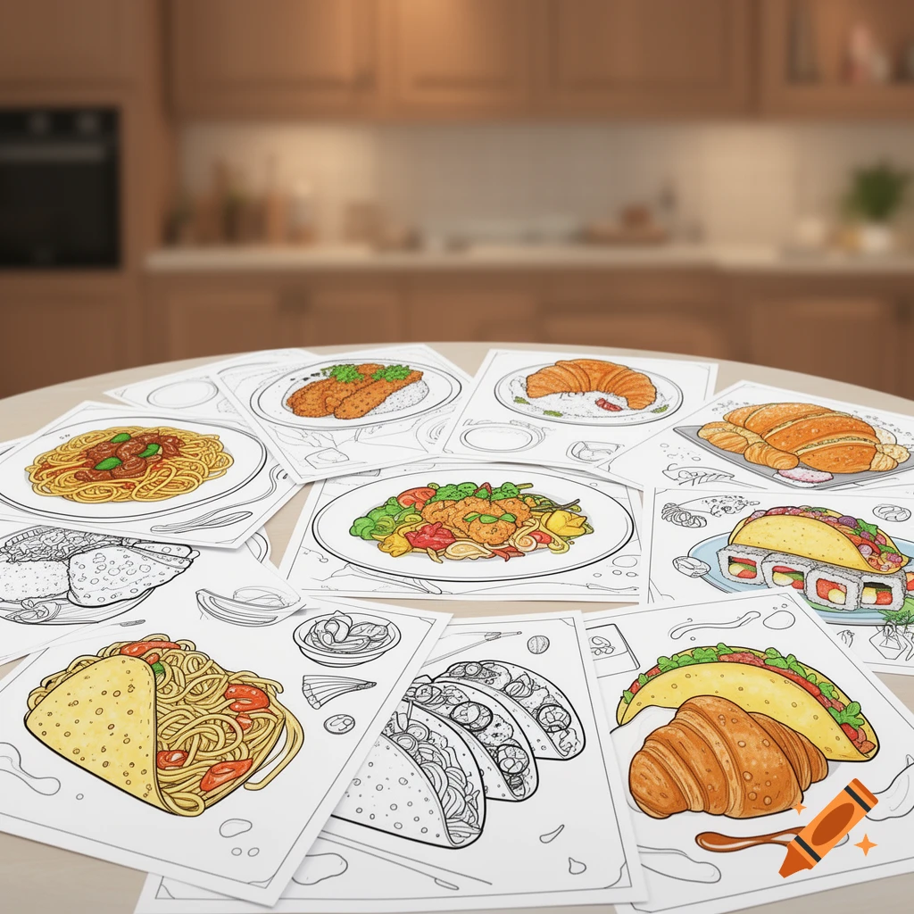 Coloring pages of various partially colored food dishes like spaghetti, tacos, and croissants, scattered on a table in a kitchen.