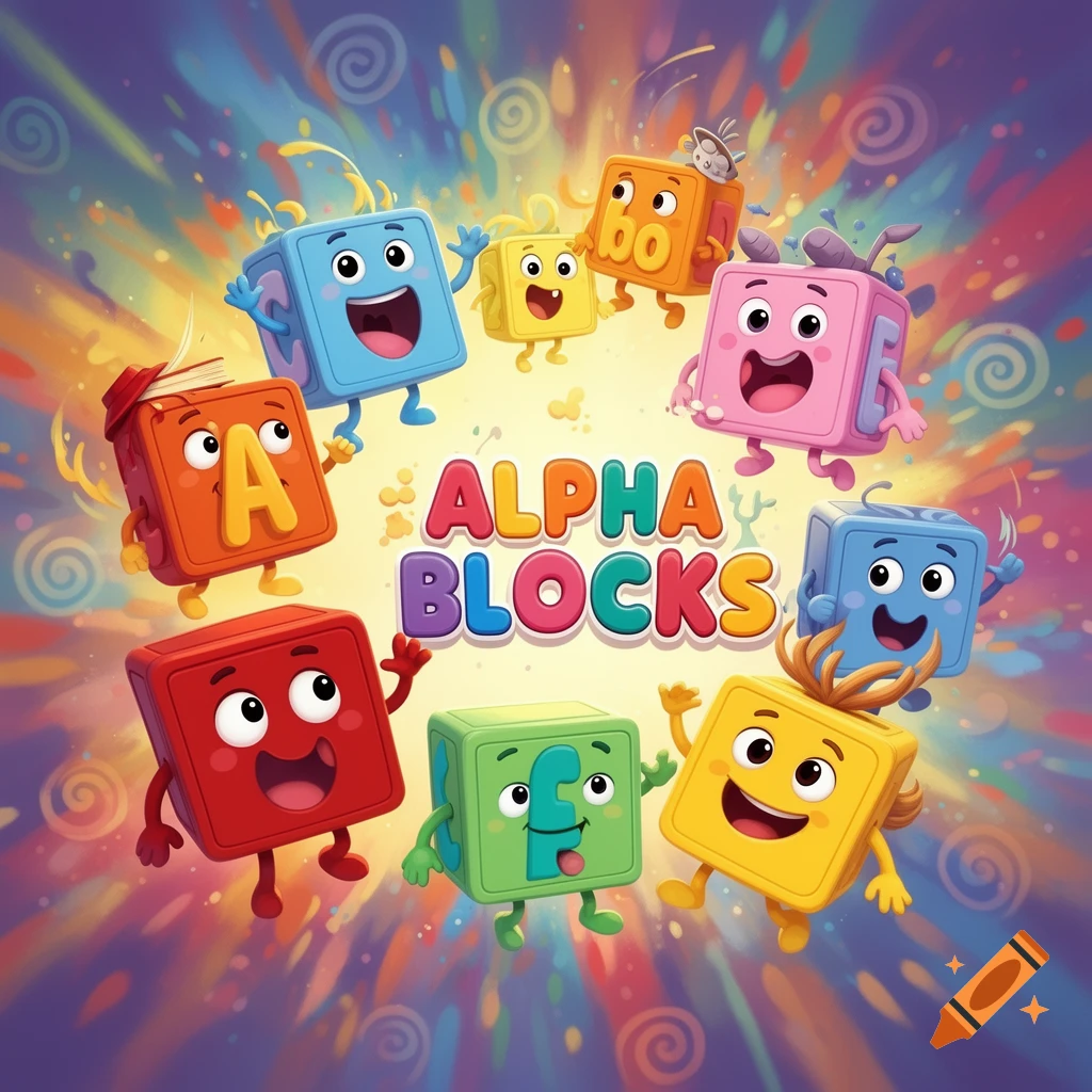 Vibrant cartoon featuring smiling, anthropomorphic alphabet blocks with the title ALPHA BLOCKS amidst a colorful, swirling background.