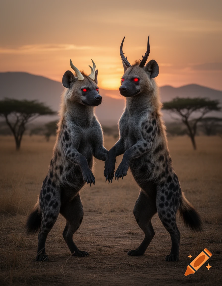 Two spotted, horned hyena-like creatures with glowing red eyes stand on their hind legs against a sunset savanna background.
