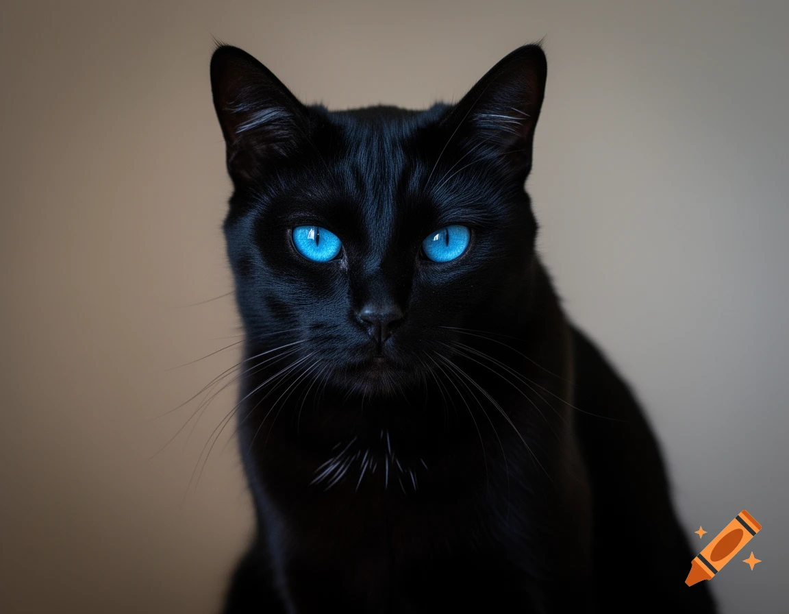 Close-up photorealistic portrait of a black cat with piercing bright blue eyes against a blurred background.
