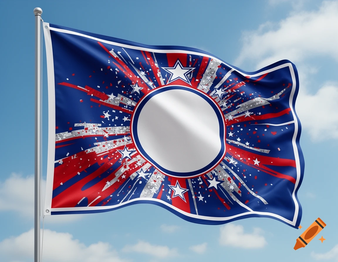 A blue, red, and silver cheer flag waves against a blue sky, featuring a white circle for a logo, stars and celebratory bursts.
