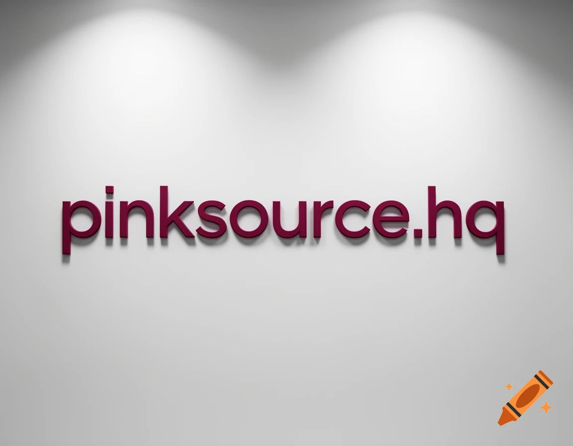 3D pink text 'pinksource.hq' illuminated on a white wall.