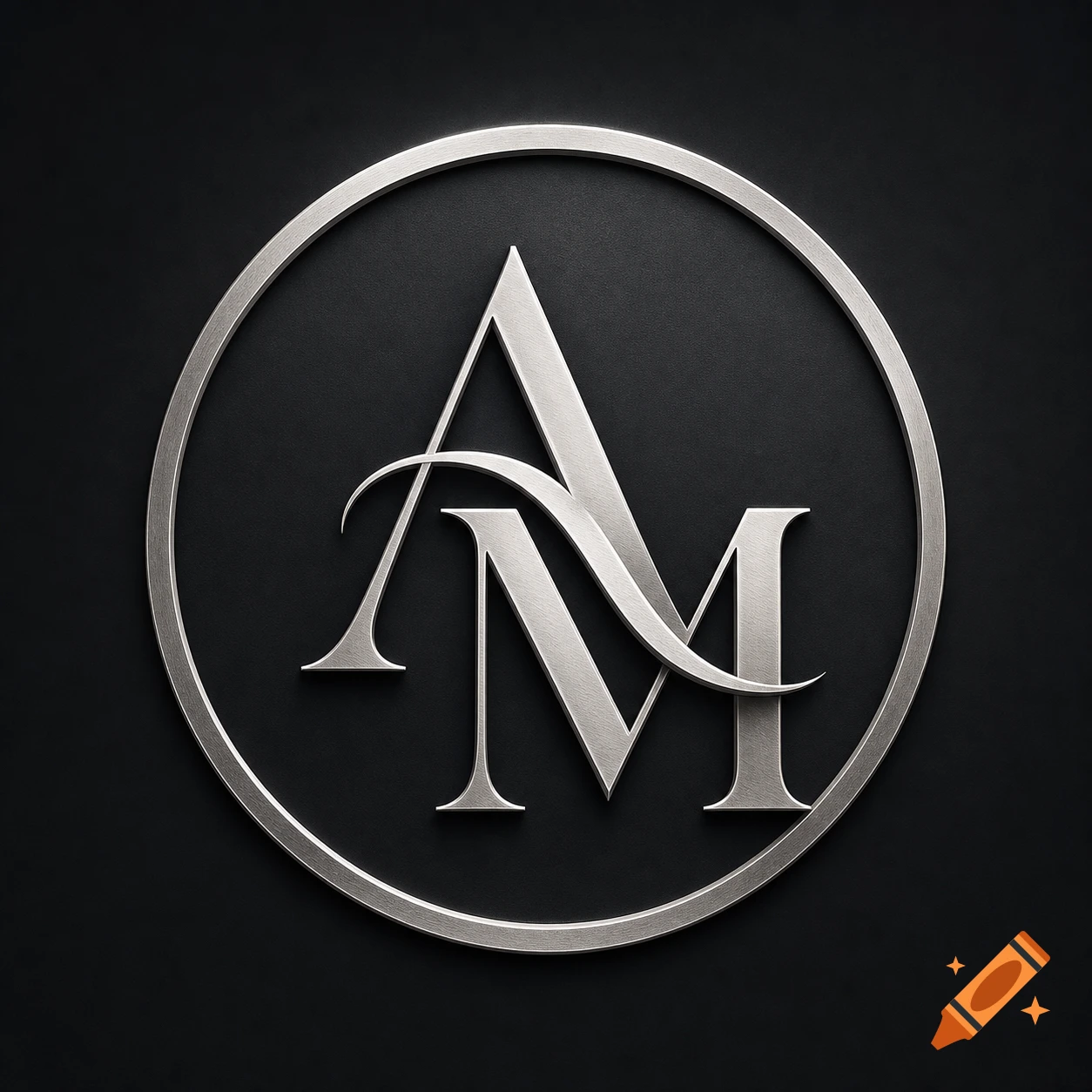 Elegant intertwined silver letters 'A' and 'M' forming a monogram logo within a silver circle on a black background.