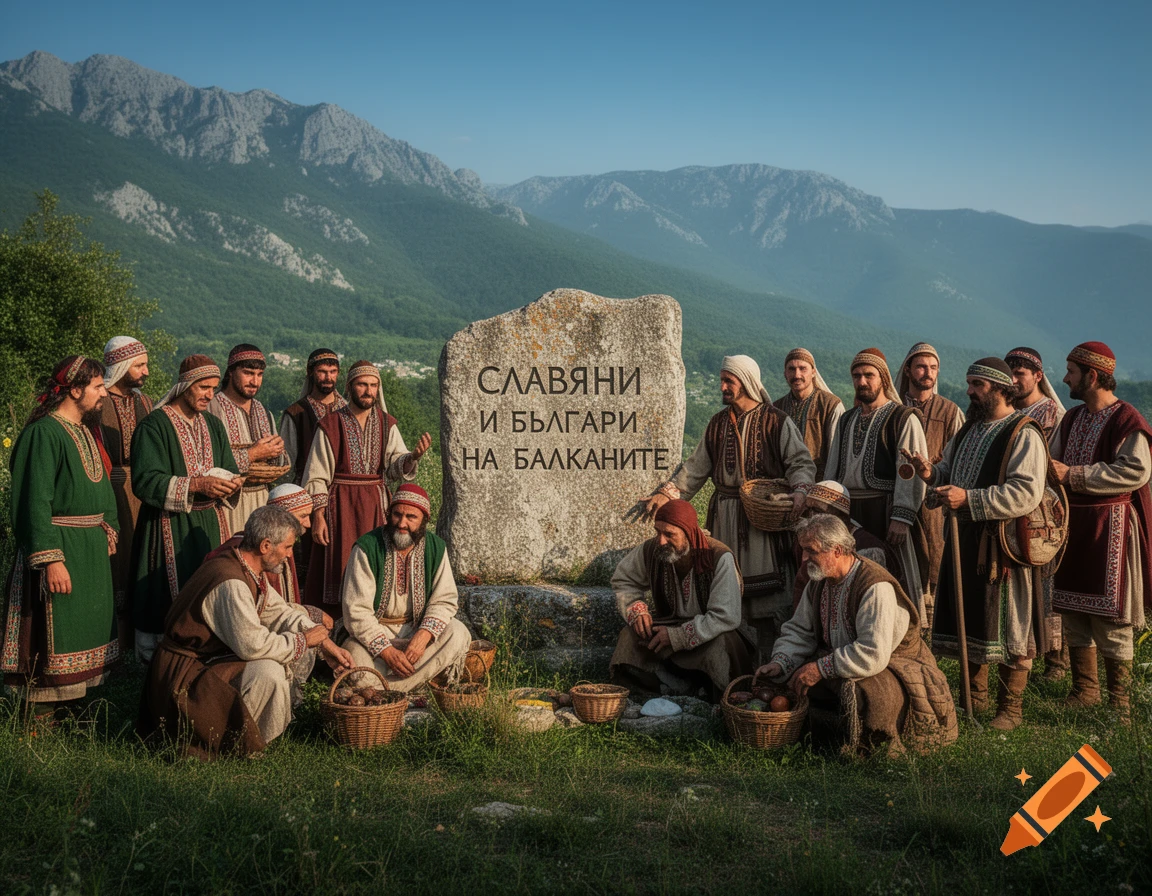 Men in traditional Balkan attire gather around a stone monument with Cyrillic text in a photorealistic mountain landscape.