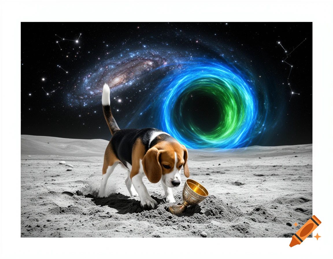 A beagle digs next to a golden goblet on a moon-like planet, with a vibrant blue and green wormhole and galaxy in the background.
