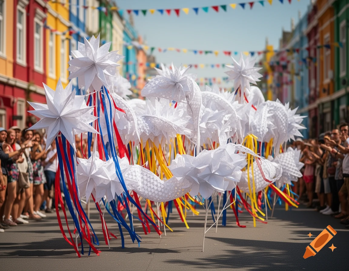 A vibrant parade with large white paper crafts adorned with red, blue, and yellow ribbons, on a street lined with colorful buildings and watching crowds.