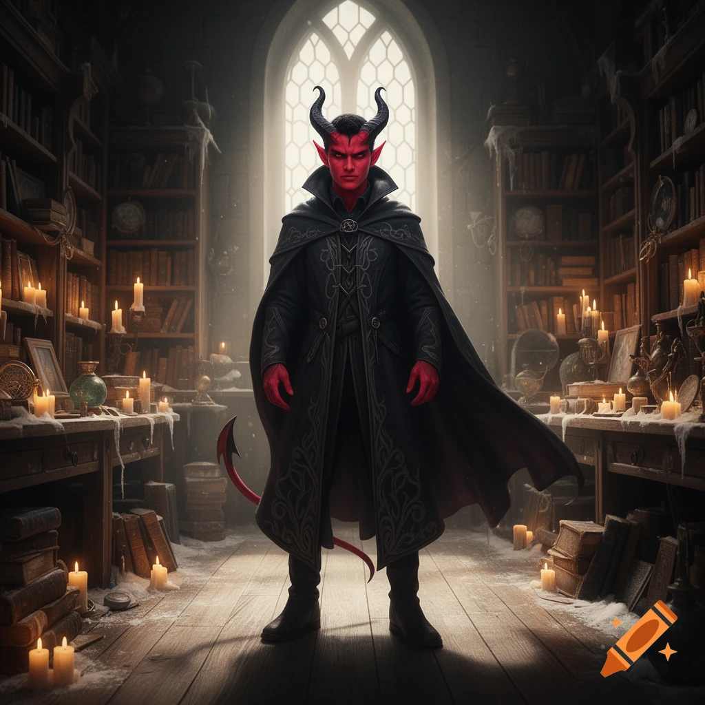 A red-skinned tiefling wizard with black horns and a pointed tail stands in a dimly lit, candle-filled library with a gothic window.