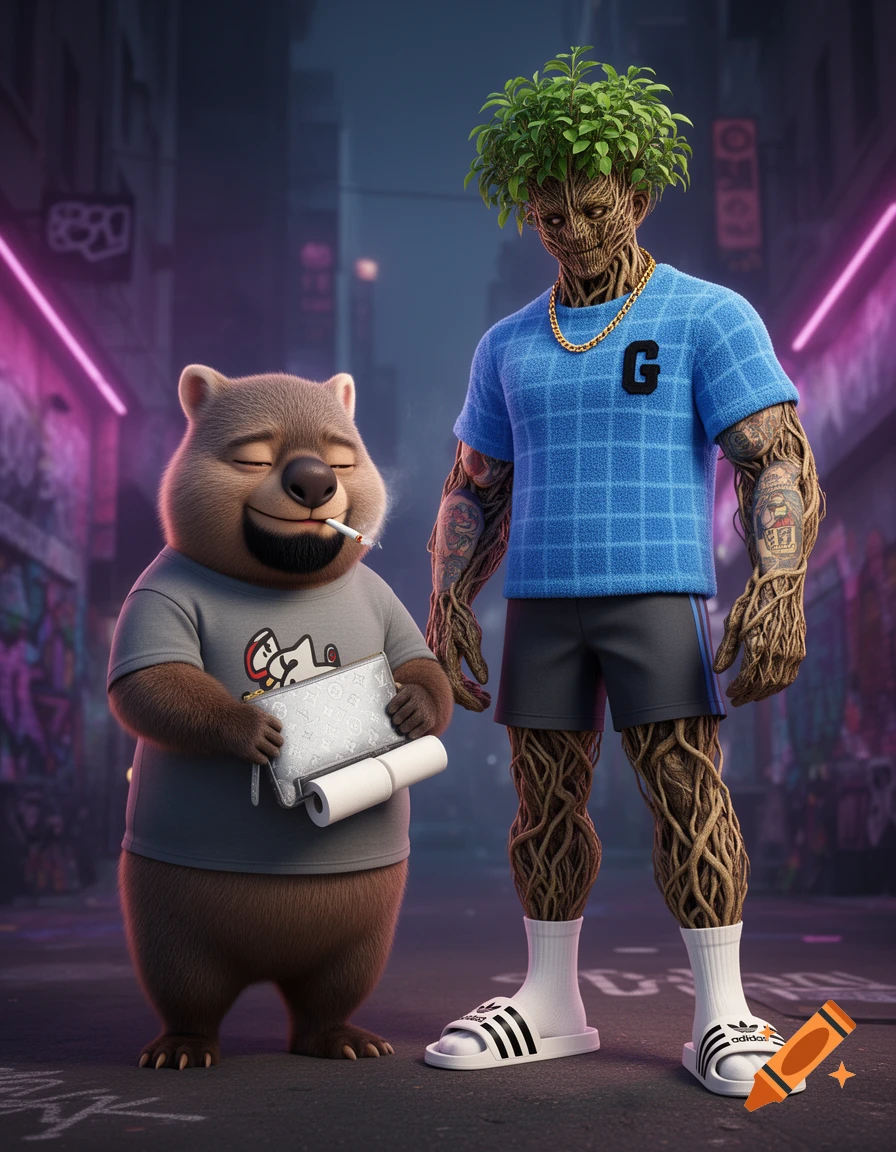 A stylized humanoid wombat holding a Louis Vuitton bag and a smoking cigarette next to a humanoid plant-man with tattoos, both wearing Adidas slides, in a gritty urban setting with neon lights.