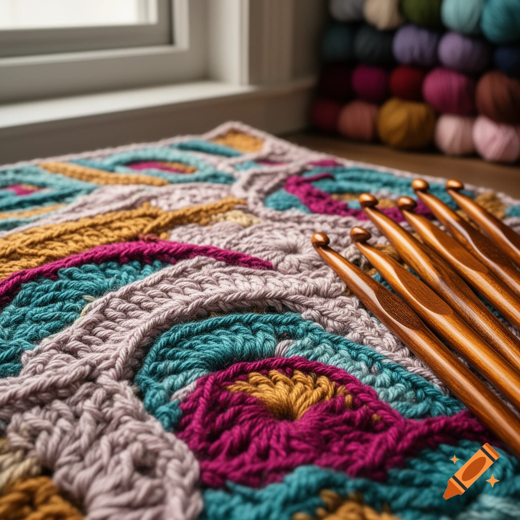 A colorful, intricate crochet blanket in teal, fuchsia, and gold, with several wooden crochet hooks on its surface, next to a window with yarn stacks in the background.