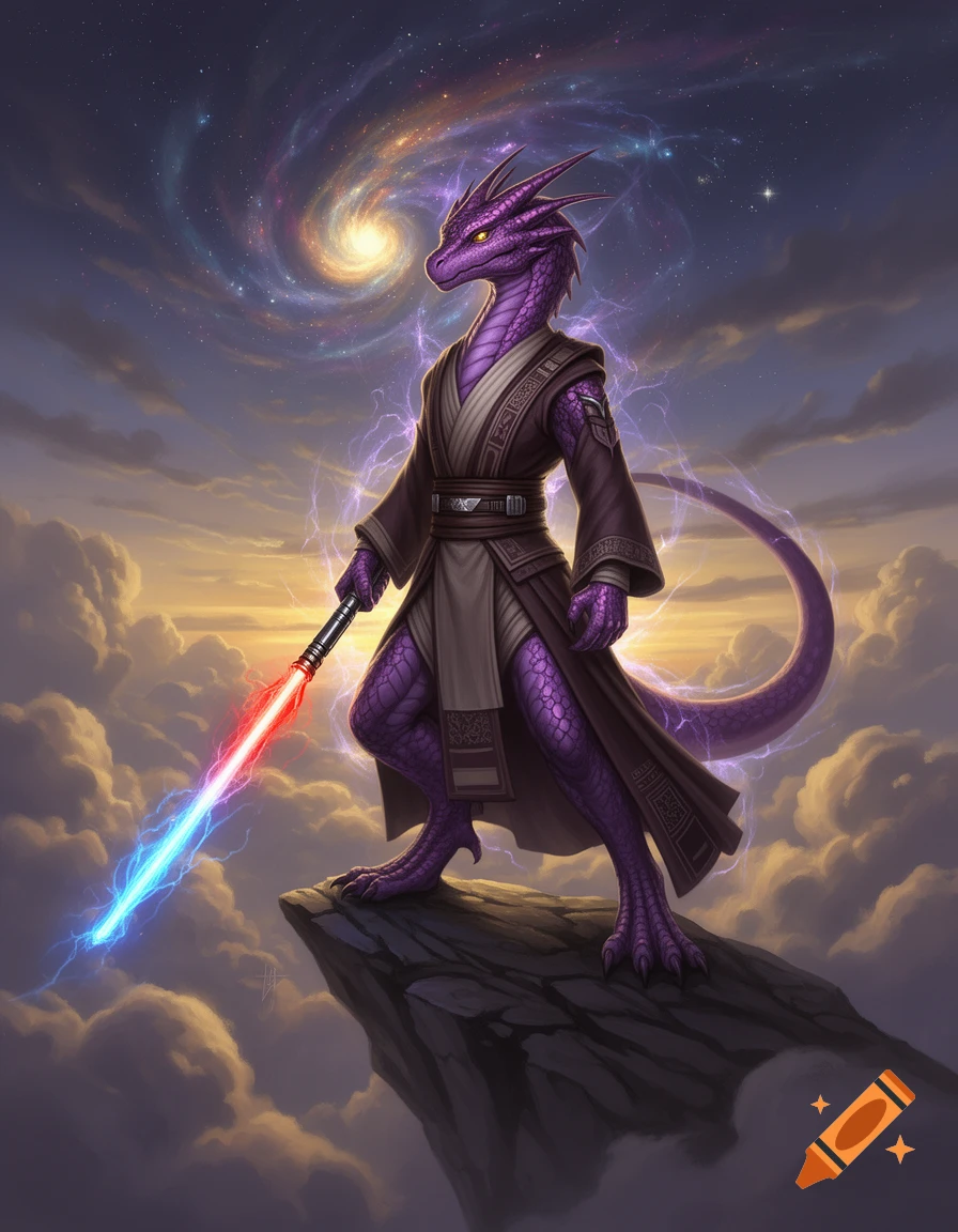 A purple anthropomorphic dragon dressed as a Jedi stands on a cliff, holding a red and blue lightsaber, against a cosmic sky with a spiral galaxy.