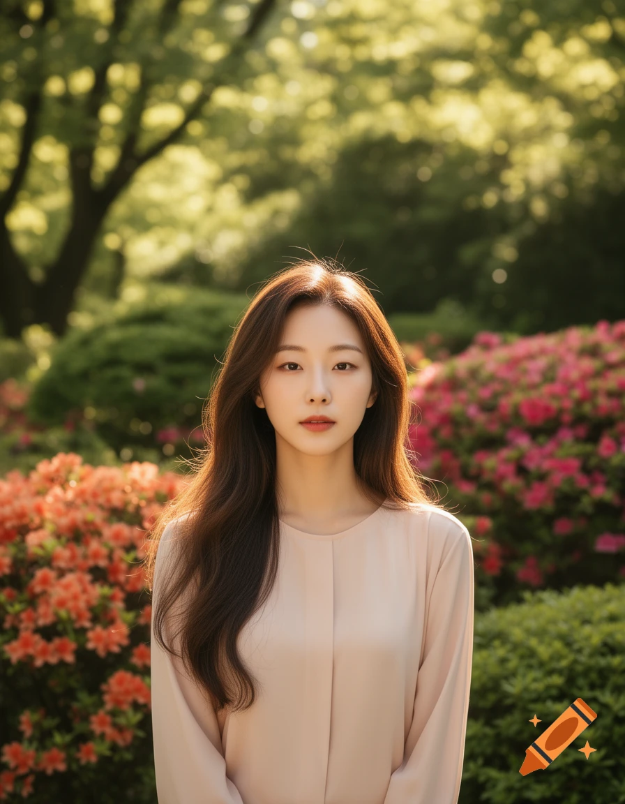 A young woman with long brown hair stands facing forward in a lush, green garden with vibrant pink and orange flowers.