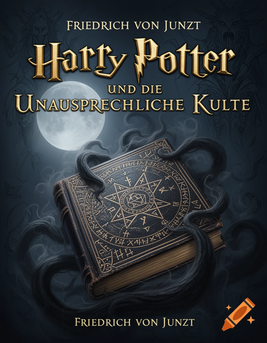 Dark fantasy book cover for 'Harry Potter und die Unaussprechliche Kulte' by Friedrich von Junzt, featuring a spellbook, moon, and shadowy figures.