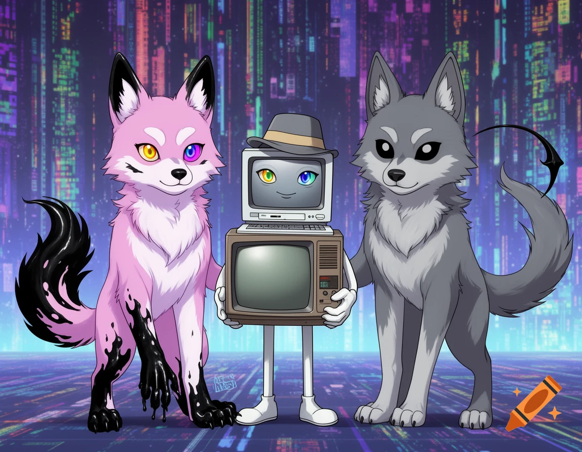 A pink husky, a grey wolf, and a computer character holding a TV stand together against a neon cyberpunk city background.