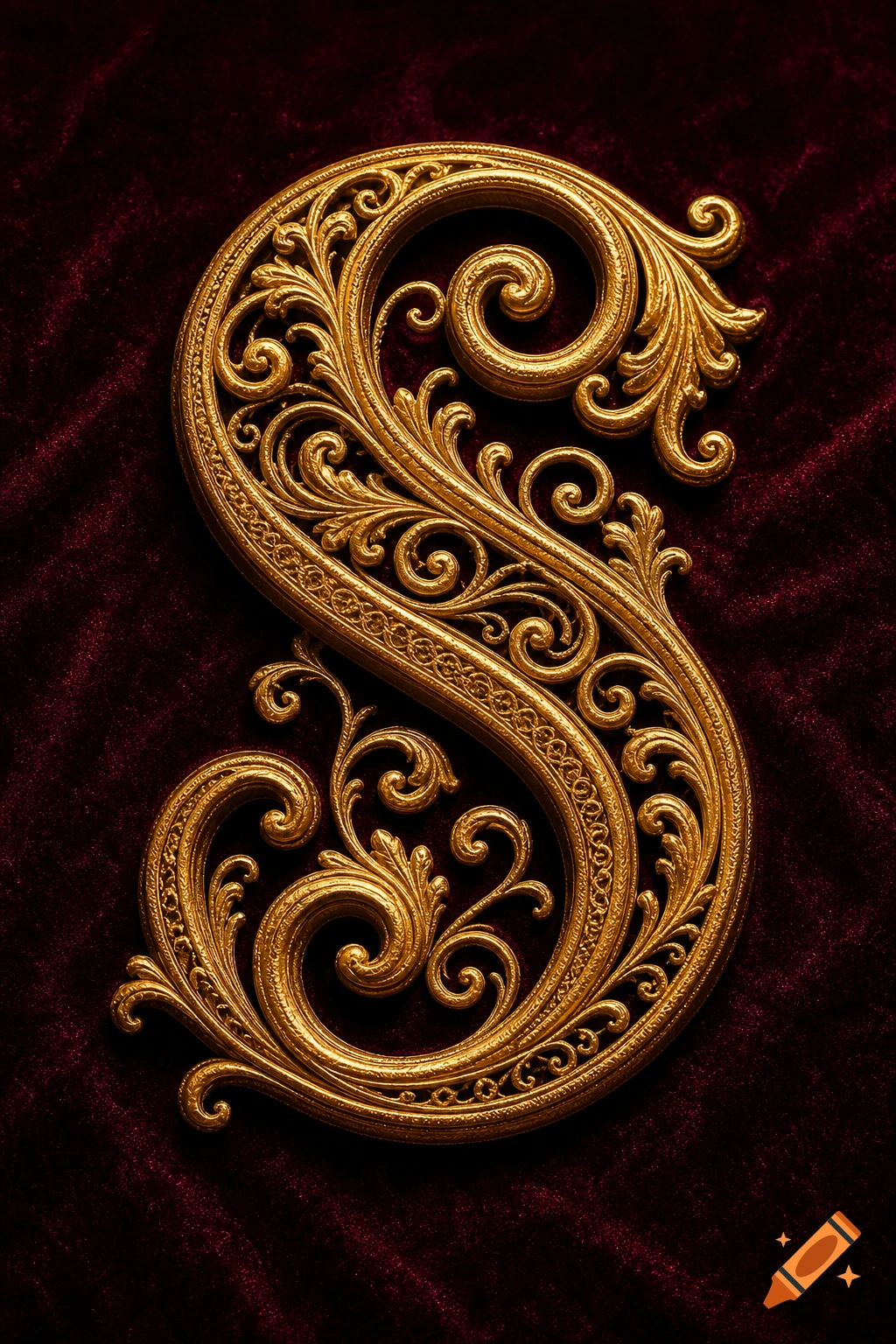 Ornate gold filigree letter 'S' on a rich dark red velvet background.