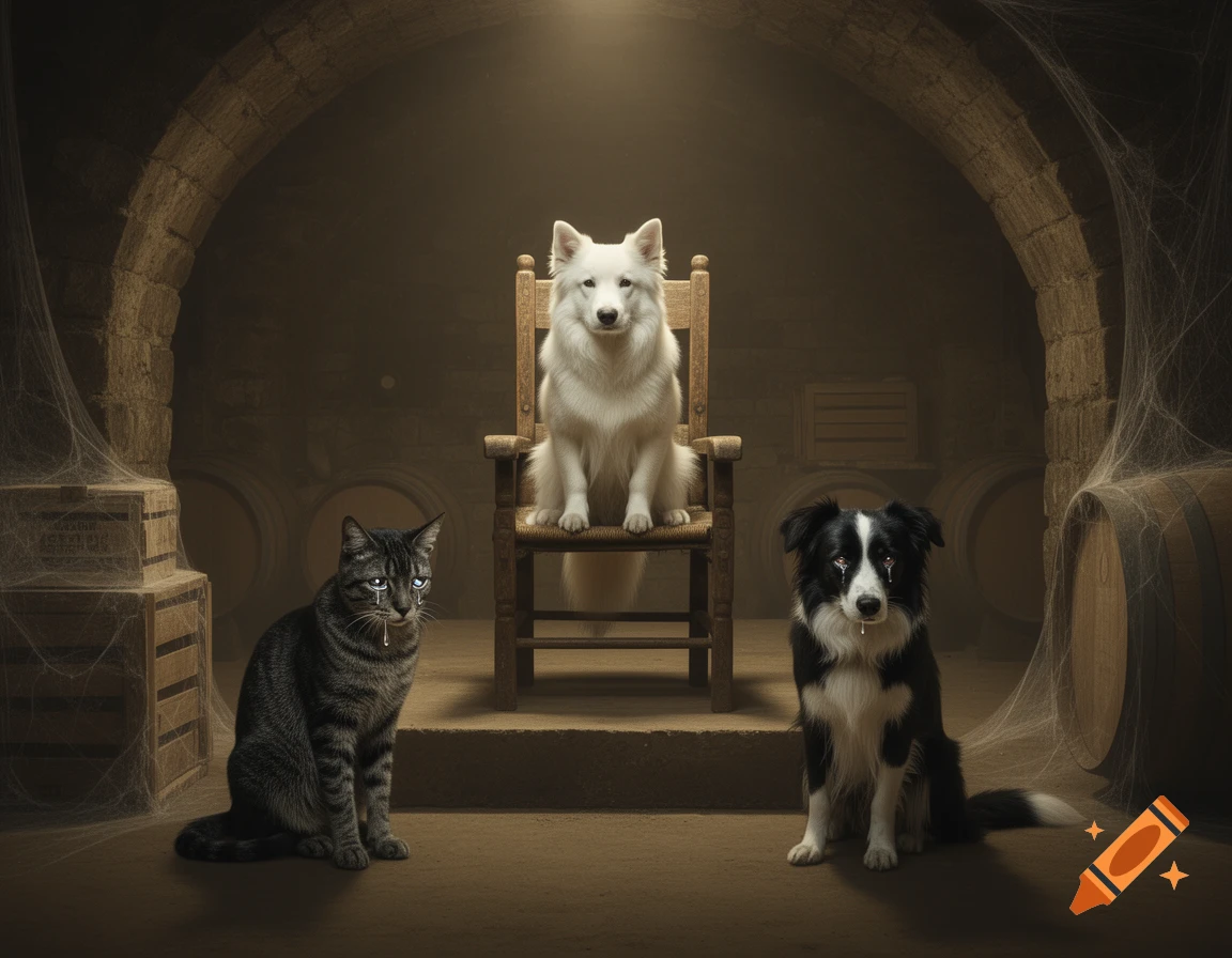 A white dog sits on a wooden chair in a dimly lit cellar, flanked by a crying grey cat on the left and a crying black and white dog on the right. Cobwebs and barrels fill the background.