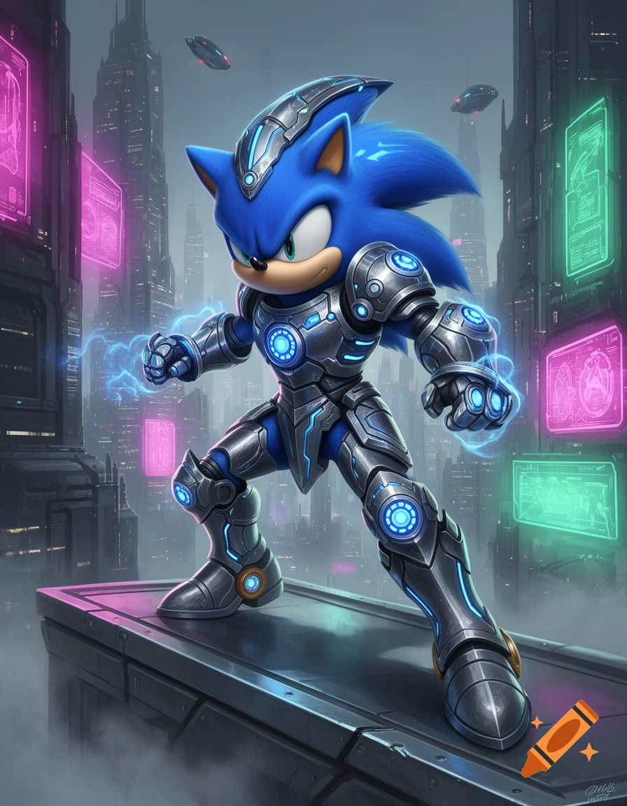 Sonic the Hedgehog stands in dynamic pose, wearing blue and silver futuristic knight armor with glowing accents, electricity crackling from his fists, on a rooftop overlooking a neon-lit sci-fi cityscape.
