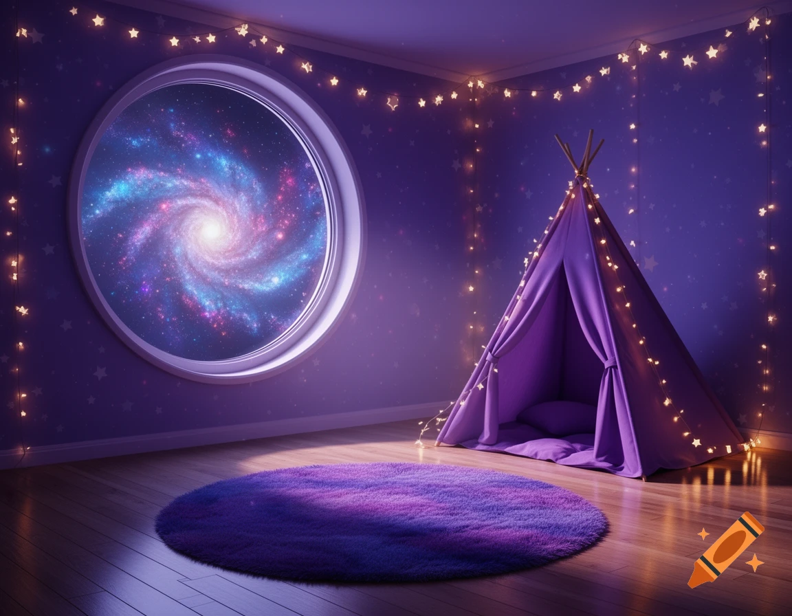 A whimsical child's bedroom in purple and blue, with star lights, a round window showing a galaxy, a purple teepee, and a fluffy purple rug.