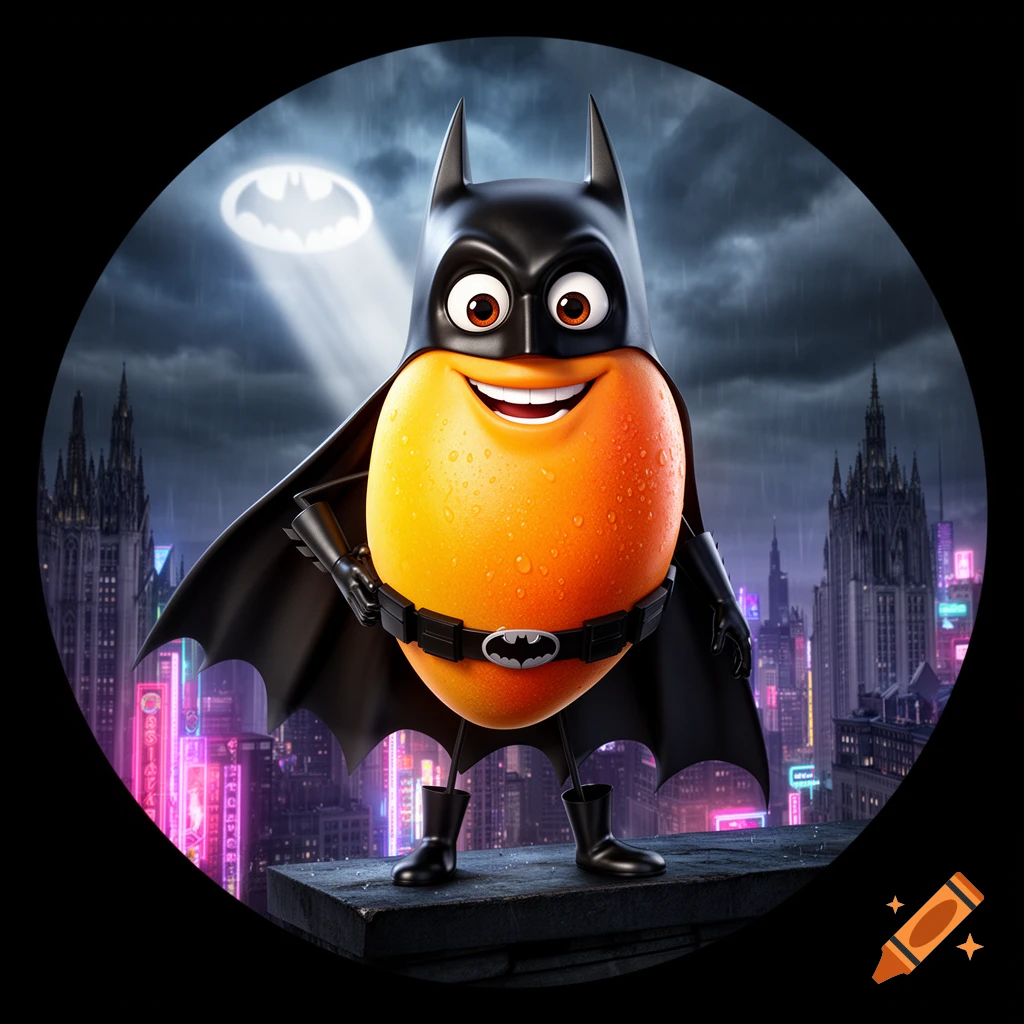 A vibrant 3D cartoon of a smiling, anthropomorphic mango dressed as Batman, standing on a rainy Gotham City rooftop with a glowing Bat-signal in the cloudy sky.