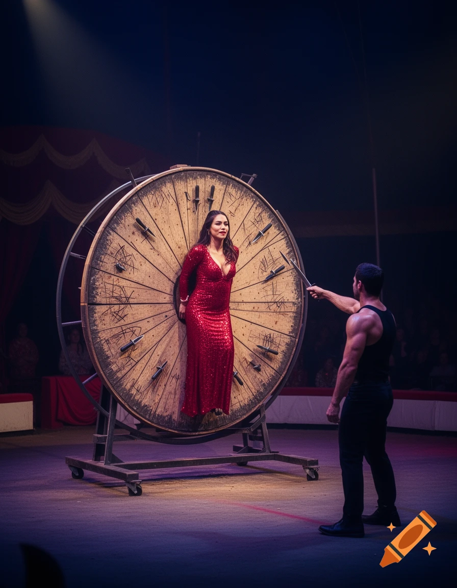 A man in a black tank top throws knives at a woman in a red sequin dress strapped to a wooden wheel on a dimly lit circus stage.
