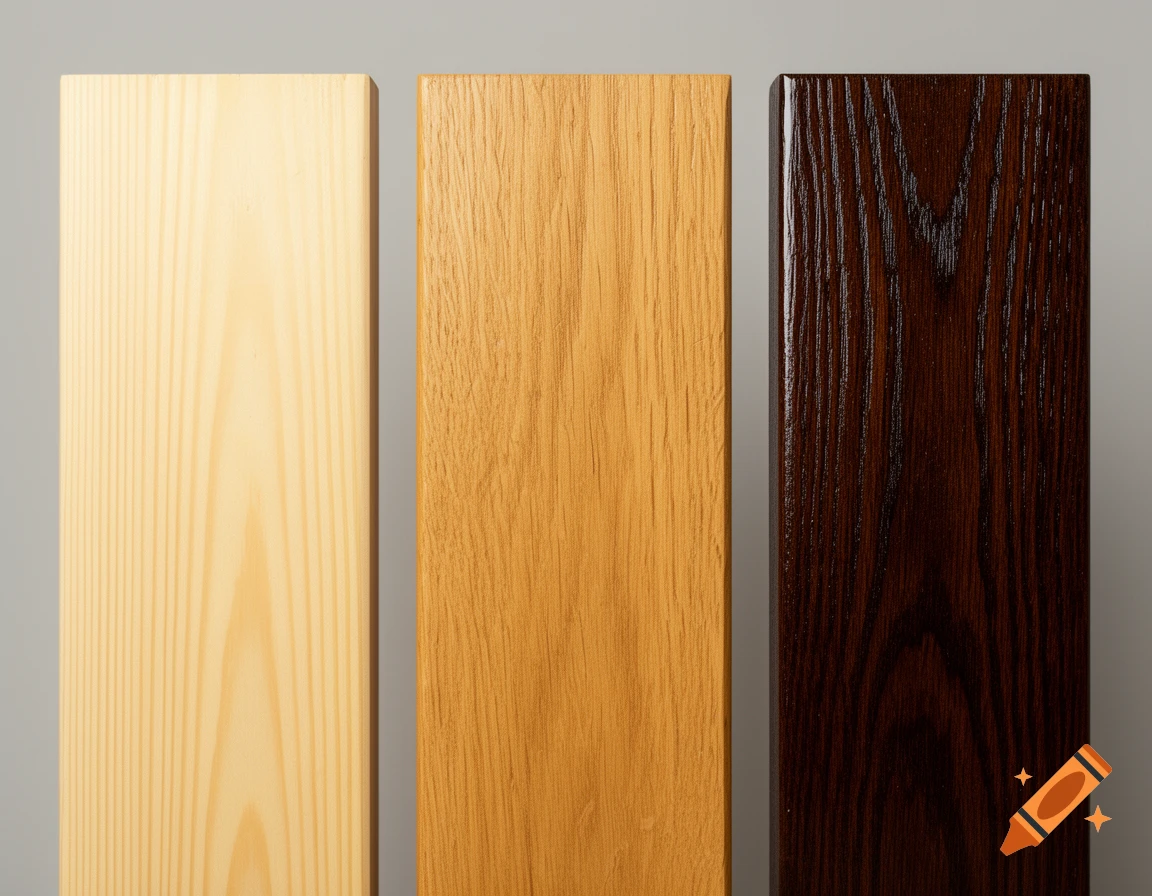 Three vertical wooden planks with different finishes: untreated light wood, a medium brown plank, and a dark brown lacquered plank.