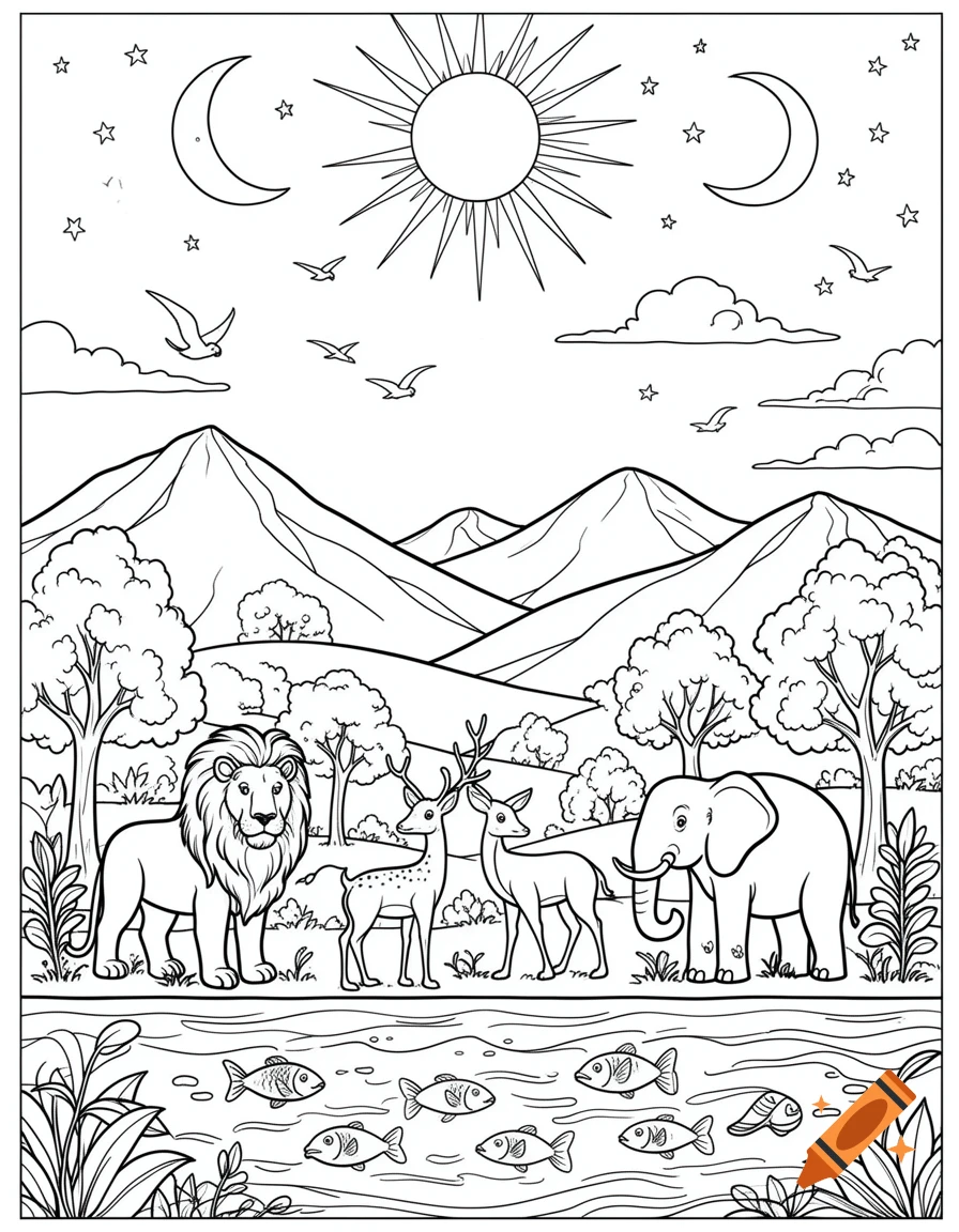 Black and white coloring page featuring a lion, deer, and elephant on land with mountains and trees. Fish swim in water, while the sun, moon, and stars are in the sky.