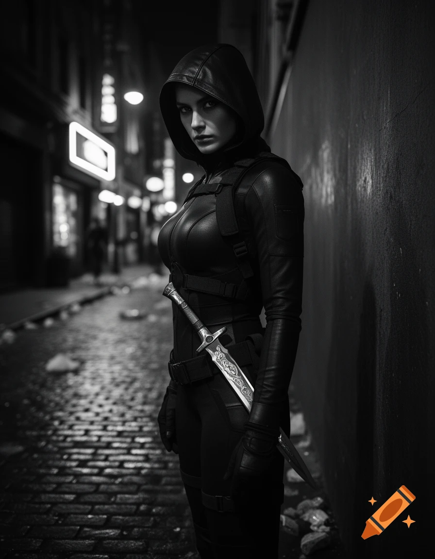 A female assassin in a hooded black suit stands in a dark, wet alley, carrying a dagger, in a black and white photorealistic style.