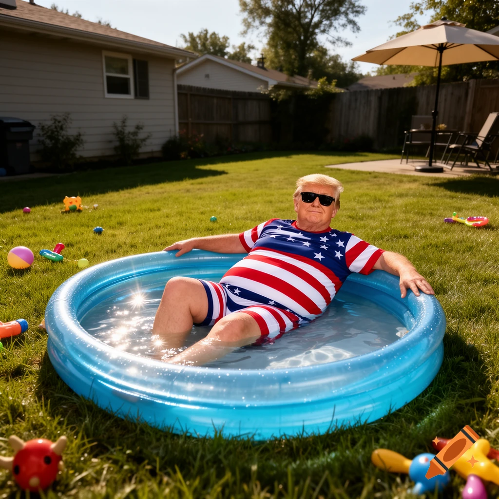 A man resembling Donald Trump lounging in a small inflatable children's pool in a backyard, wearing a stars and stripes swimsuit.