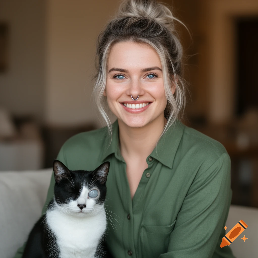 Smiling woman with a silver septum piercing and ash blonde messy bun next to a black and white tuxedo cat with one grey blind eye.