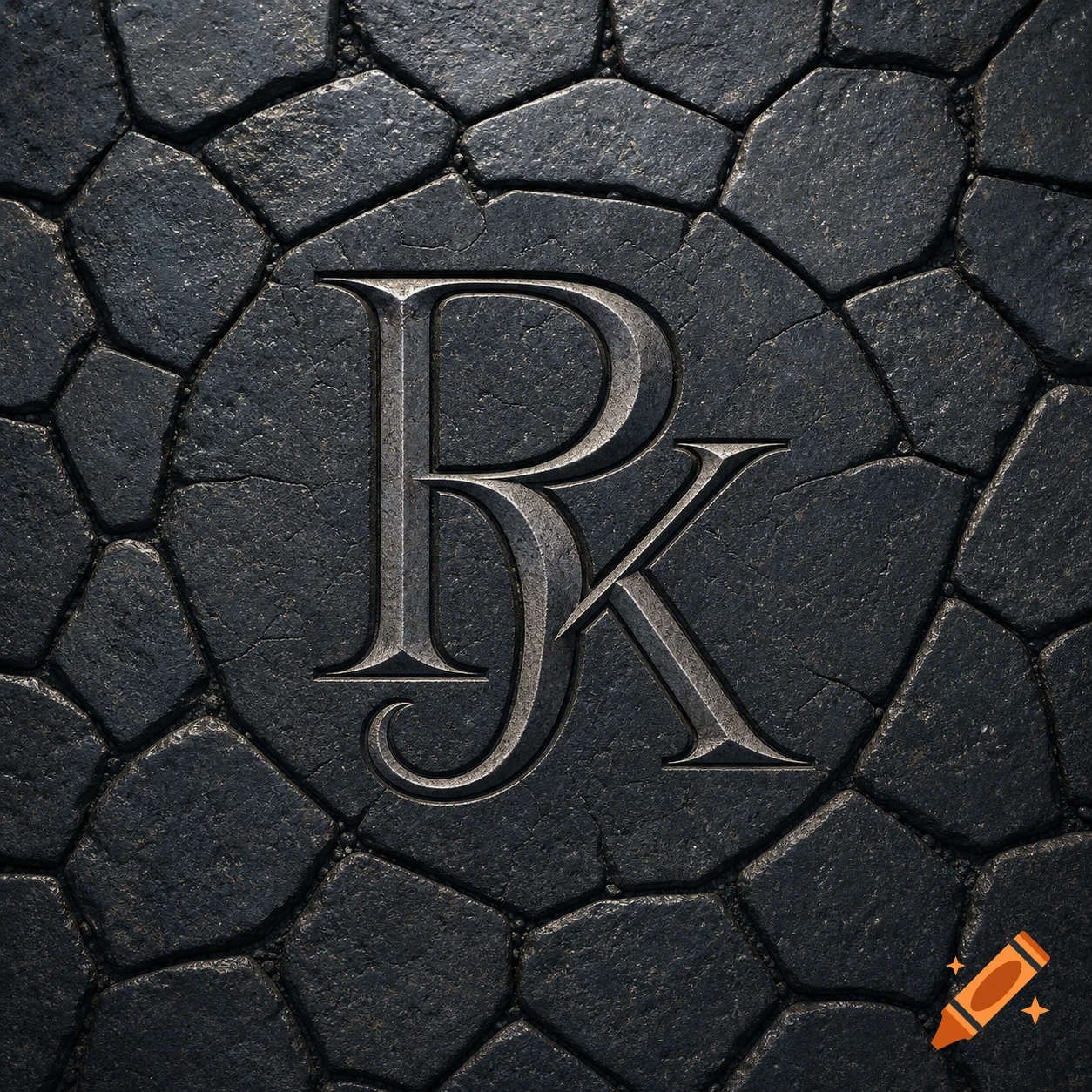 Stylized monogram 'RK' carved into a dark, textured circular basalt stone pavement.