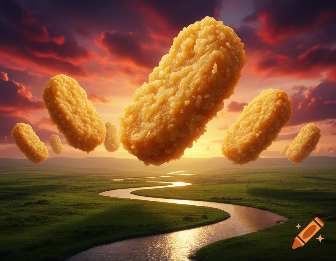 Giant golden chicken nuggets float above a winding river in a lush green landscape under a dramatic red and orange sunset sky.