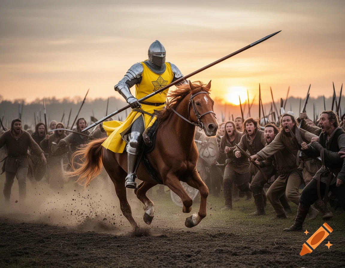 Photorealistic knight in yellow armor on a galloping horse, charging with a lance at men during sunset.