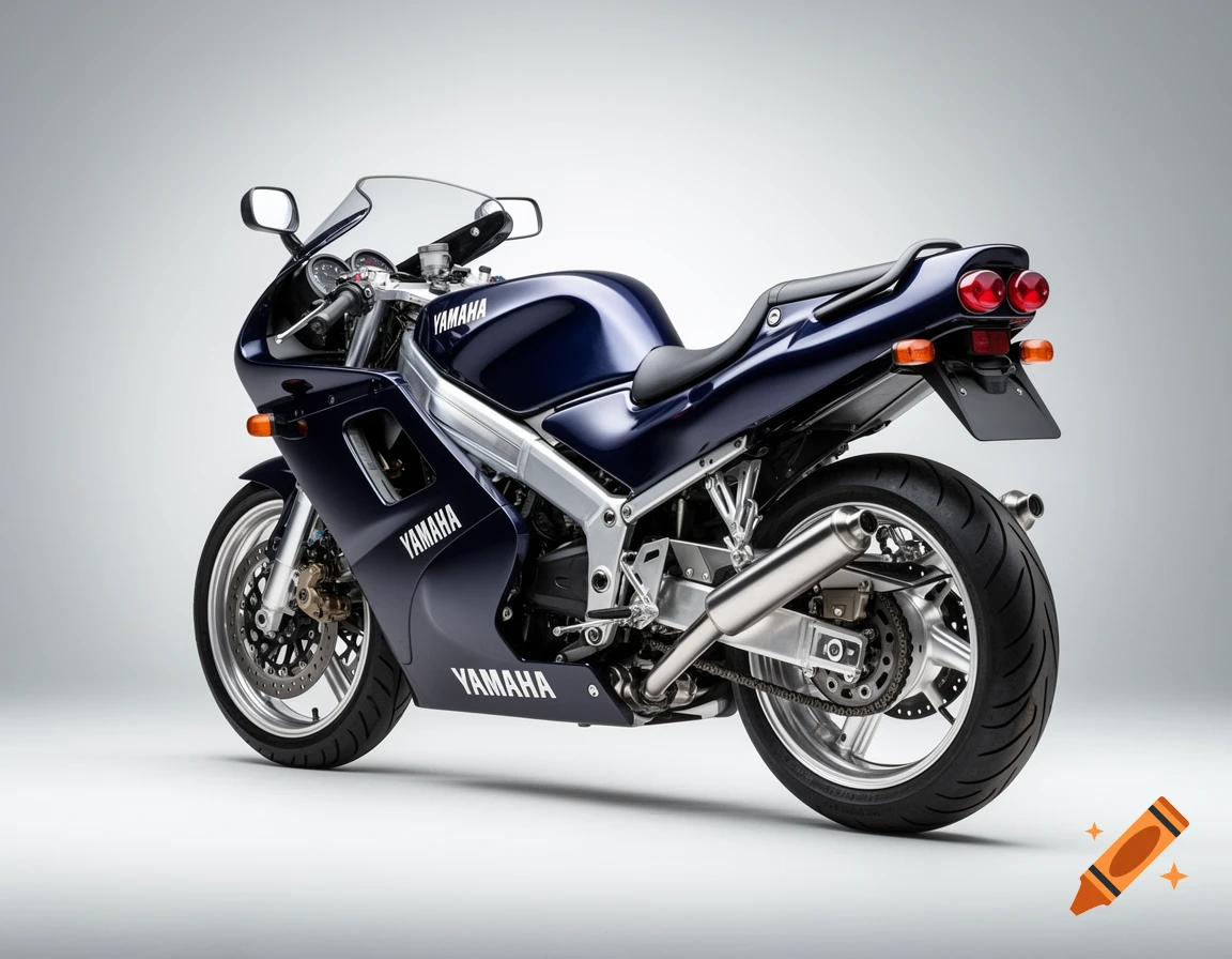 A dark blue Yamaha sport motorcycle is parked on a grey background, viewed from the rear three-quarter angle.