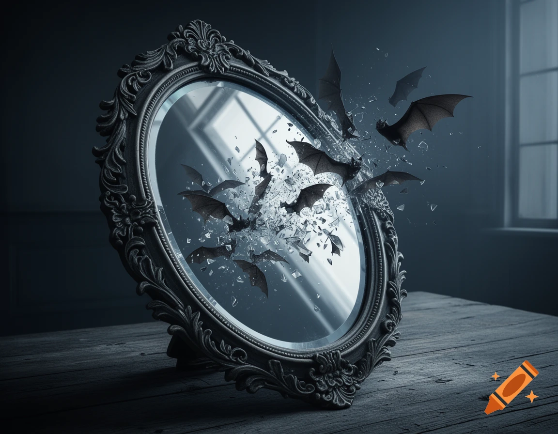A vintage oval mirror on a dark wooden table, with bats and shards of glass bursting from its reflective surface.
