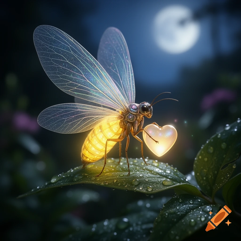 A luminous firefly-like insect holds a glowing heart on a dew-covered leaf under a full moon.