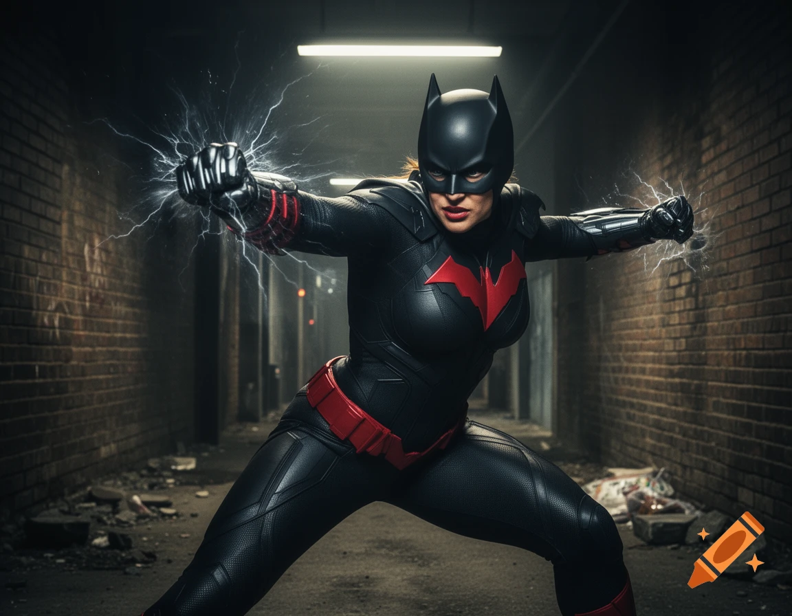 A buff Batwoman in a black and red suit with glowing fists stands ready to punch in a gritty alley, electricity sparking around her hands.