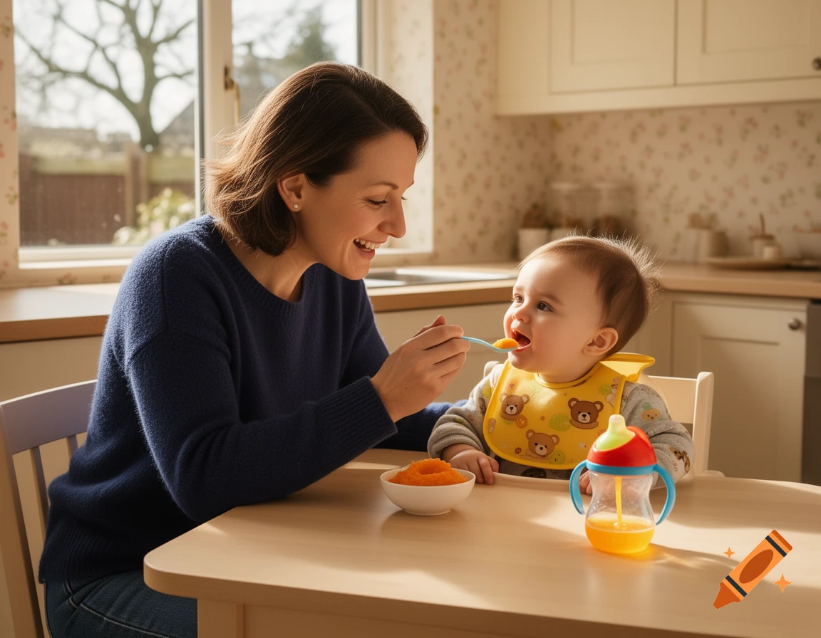 A smiling mother feeds her baby mashed food in a high chair in a sunlit kitchen.