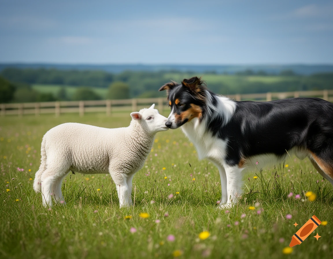 A photorealistic Border Collie sheepdog gently touches noses with a fluffy white lamb in a vibrant green meadow.