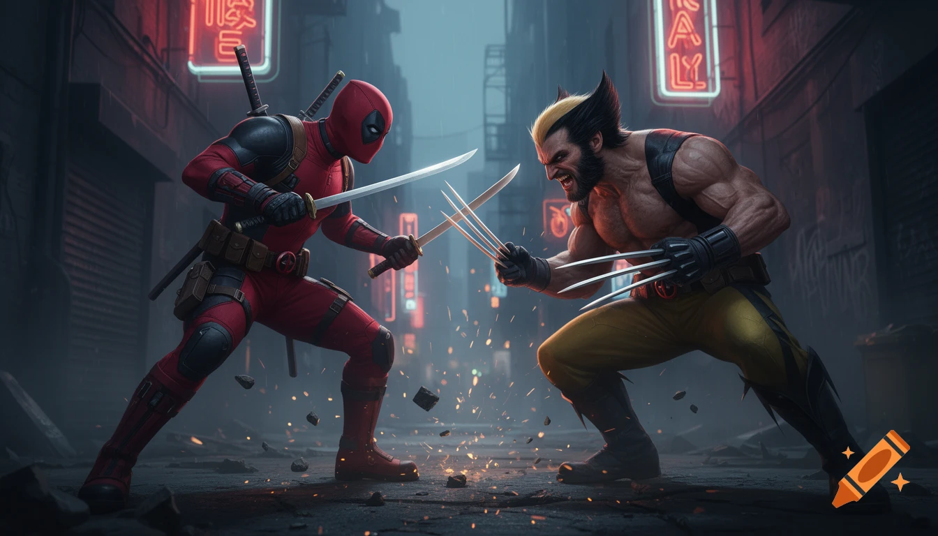 Deadpool and Wolverine fight in a dark, rain-slicked city alley, illuminated by red neon signs.
