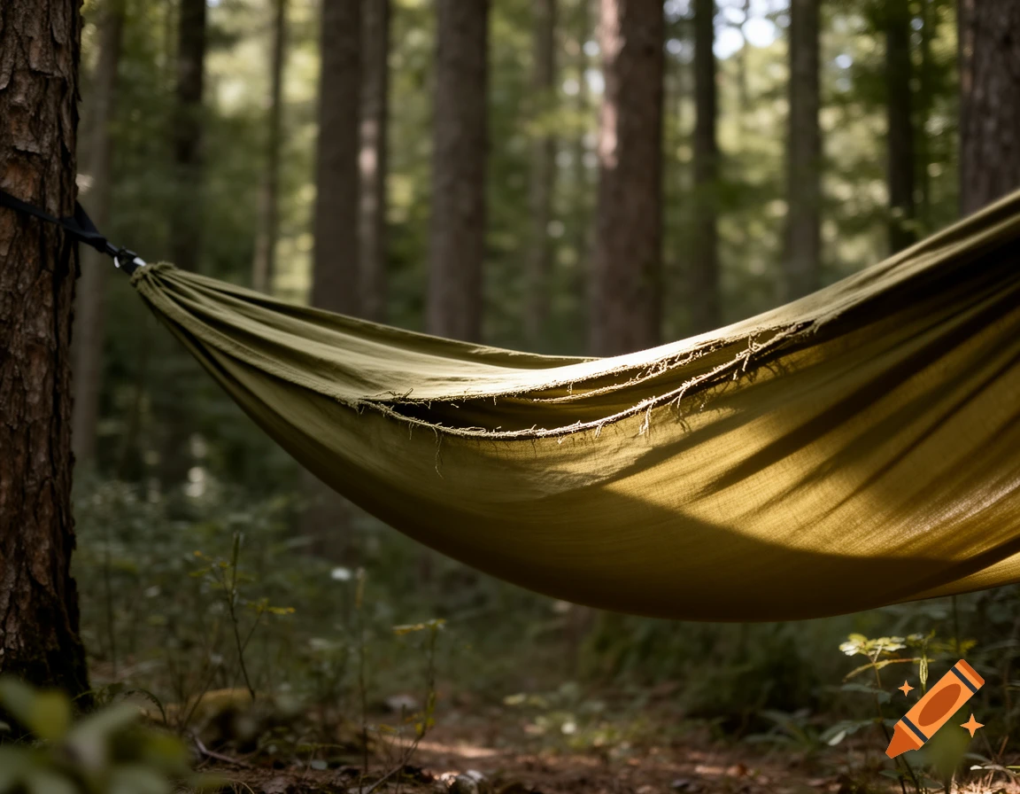 An olive green hammock with a frayed tear hangs between trees in a sunlit forest.
