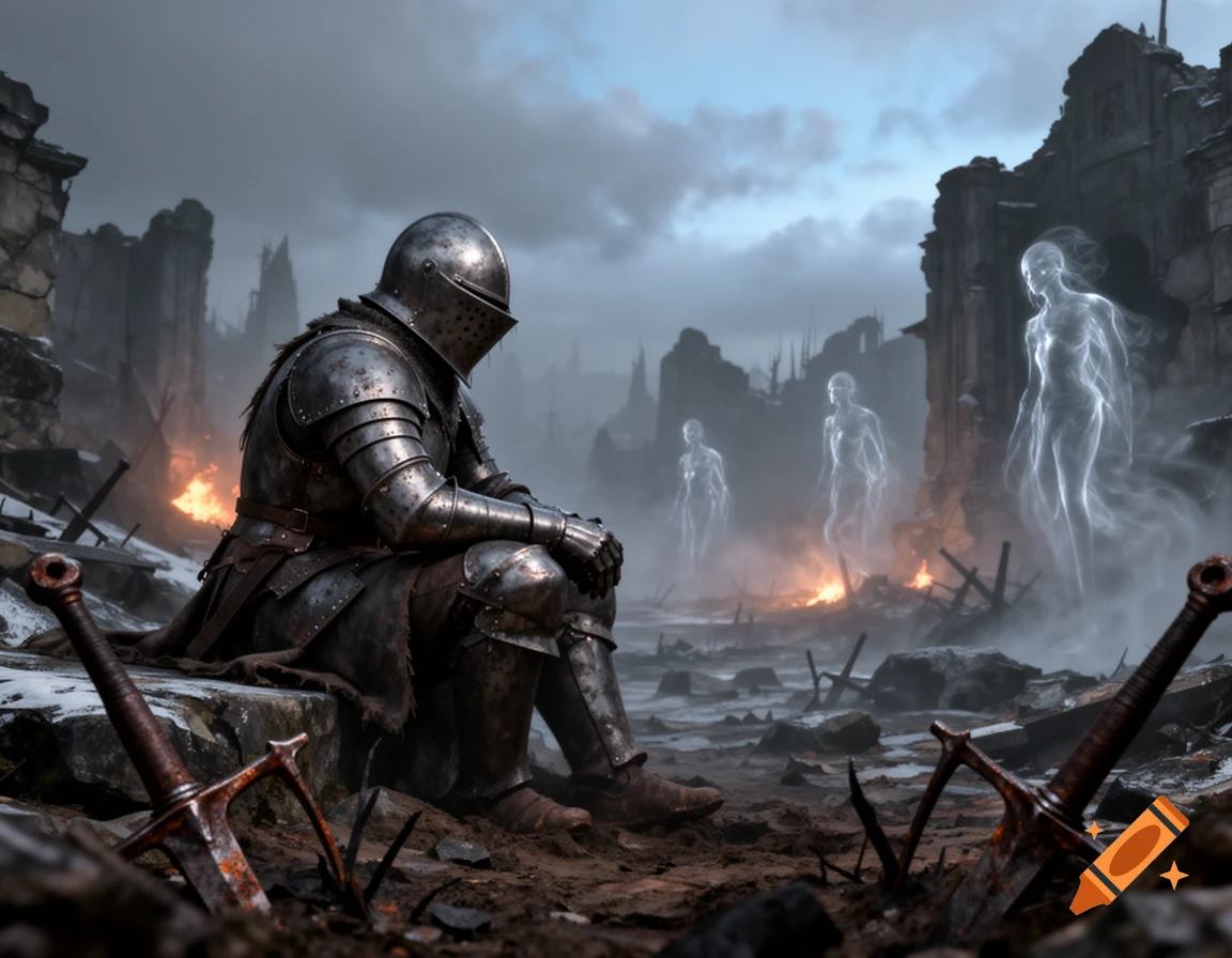 A knight in heavy armor sits dejectedly amidst the ruins of a battlefield, surrounded by glowing spectral figures and small fires.